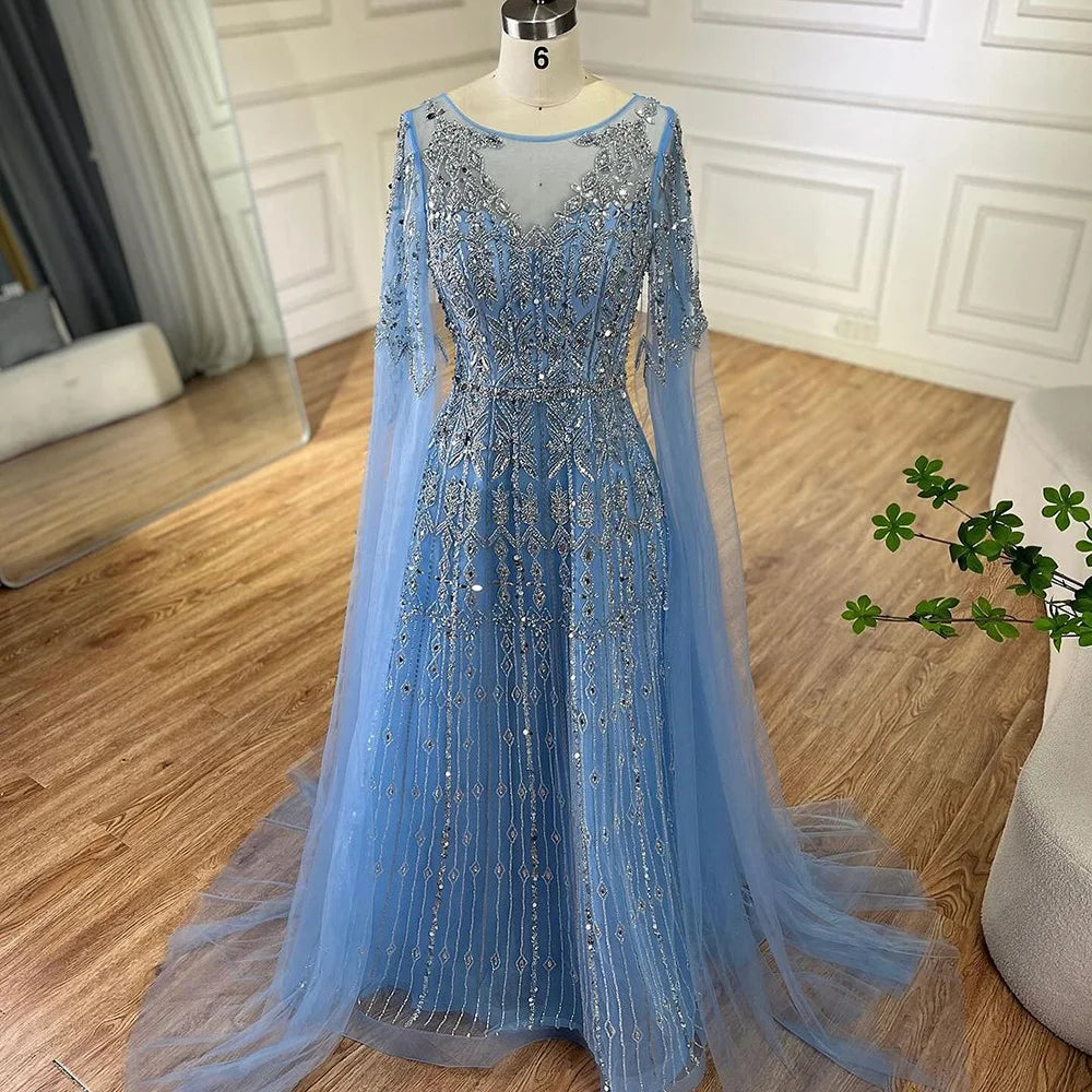 Luxuriöses blaues Abendkleid mit Cape-Ärmeln LA72666