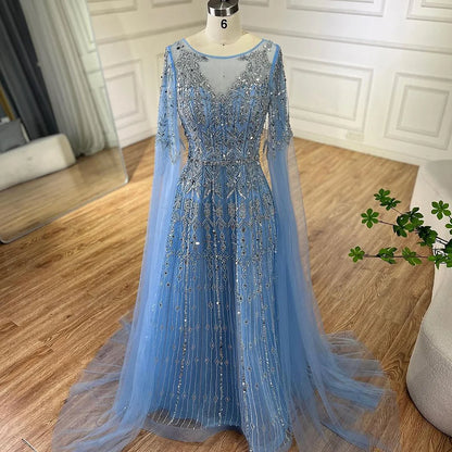 Luxuriöses blaues Abendkleid mit Cape-Ärmeln LA72666