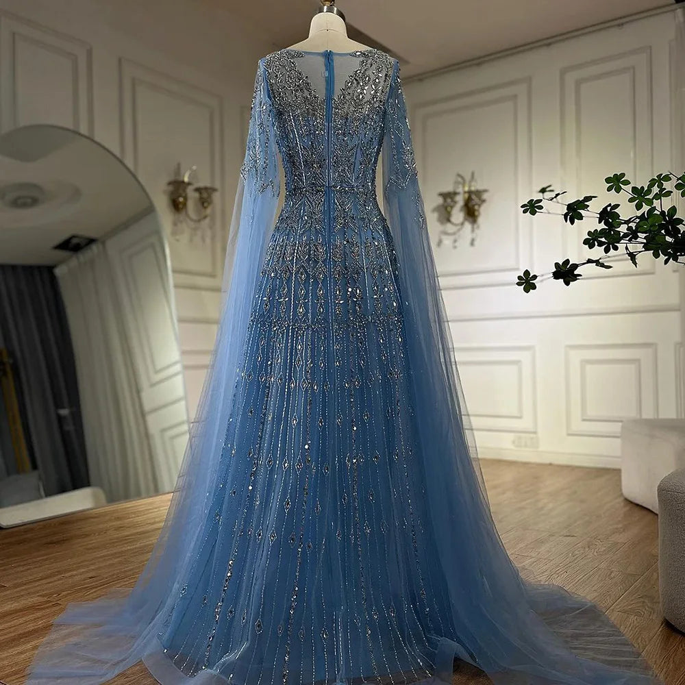 Luxuriöses blaues Abendkleid mit Cape-Ärmeln LA72666