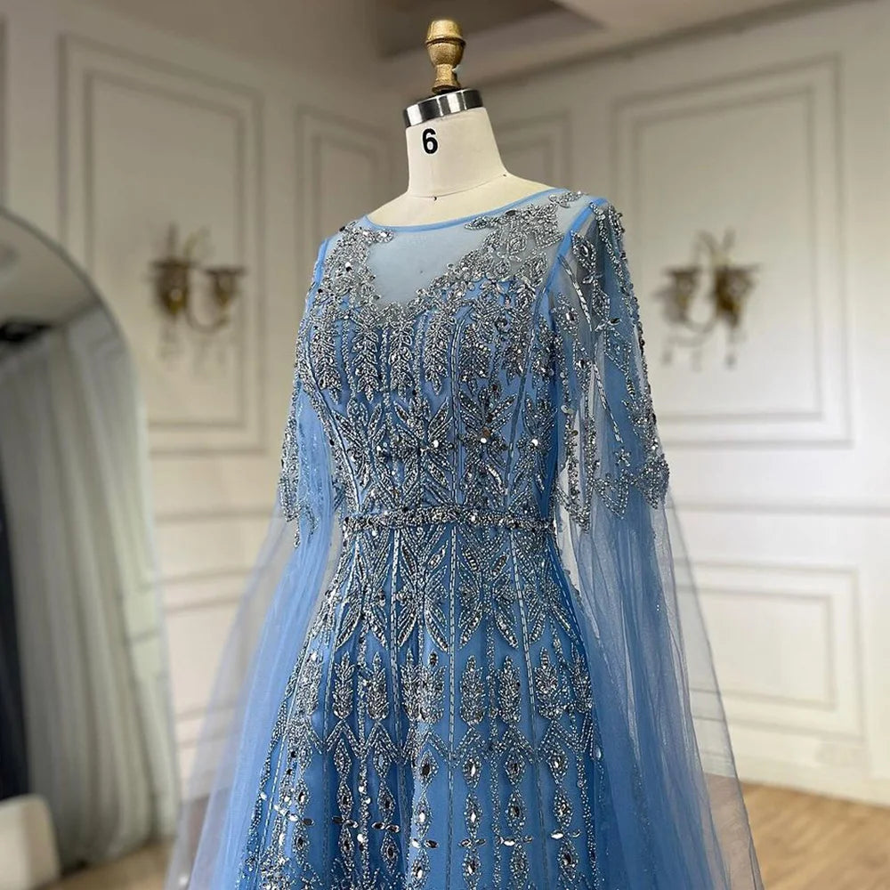 Luxuriöses blaues Abendkleid mit Cape-Ärmeln LA72666