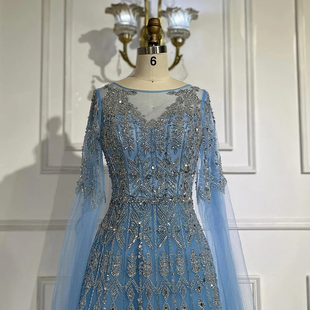 Luxuriöses blaues Abendkleid mit Cape-Ärmeln LA72666