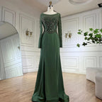 2025 Muslim Elegant Green Satin Mermaid Beaded Luxury Dubai Evening Gown for Women's Party LA72700