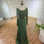 2025 Muslim Elegant Green Satin Mermaid Beaded Luxury Dubai Evening Gown for Women's Party LA72700