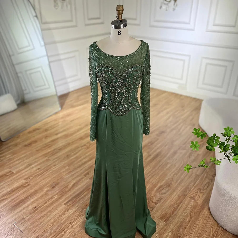 2025 Muslim Elegant Green Satin Mermaid Beaded Luxury Dubai Evening Gown for Women's Party LA72700