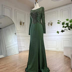 2025 Muslim Elegant Green Satin Mermaid Beaded Luxury Dubai Evening Gown for Women's Party LA72700