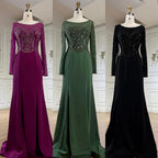 2025 Muslim Elegant Green Satin Mermaid Beaded Luxury Dubai Evening Gown for Women's Party LA72700