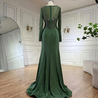 2025 Muslim Elegant Green Satin Mermaid Beaded Luxury Dubai Evening Gown for Women's Party LA72700