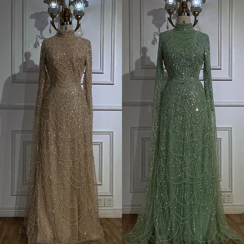 2025 Muslim Nude Mermaid Cape Sleeves Luxury Dubai Evening Gown Pearls Beaded Dress for Women's Party LA72591 Plush Size