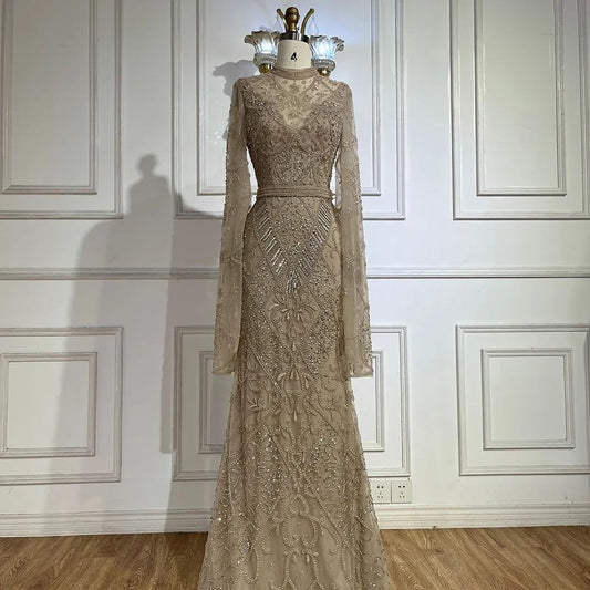 2025 Muslim Nude Mermaid Elegant Bell Sleeve Beaded Luxury Dubai Long Evening Dress for Formal Occasion LA72316A
