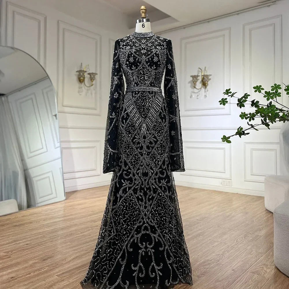 2025 Muslim Nude Mermaid Elegant Bell Sleeve Beaded Luxury Dubai Long Evening Dress for Formal Occasion LA72316A