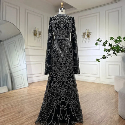 2025 Muslim Nude Mermaid Elegant Bell Sleeve Beaded Luxury Dubai Long Evening Dress for Formal Occasion LA72316A