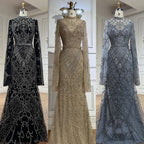 2025 Muslim Nude Mermaid Elegant Bell Sleeve Beaded Luxury Dubai Long Evening Dress for Formal Occasion LA72316A