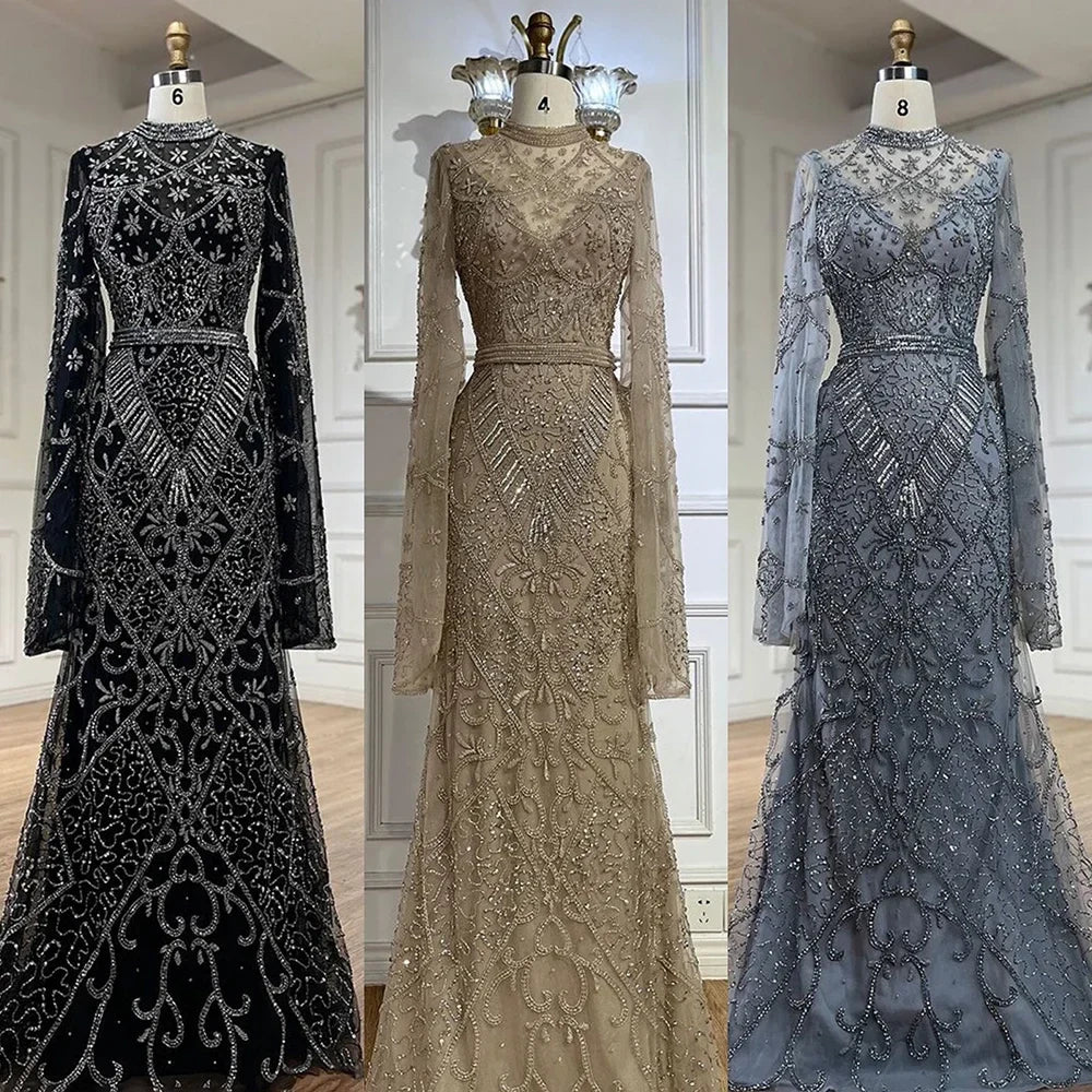 2025 Muslim Nude Mermaid Elegant Bell Sleeve Beaded Luxury Dubai Long Evening Dress for Formal Occasion LA72316A