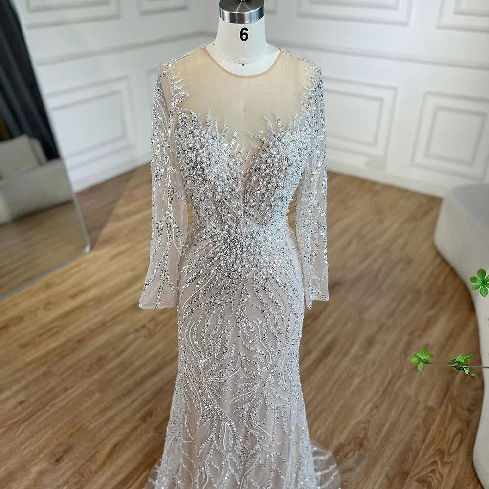 Luxus Dubai Weiß Nude Meerjungfrau Abendkleider Langarm LA72634