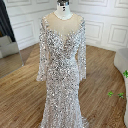 Luxus Dubai Weiß Nude Meerjungfrau Abendkleider Langarm LA72634