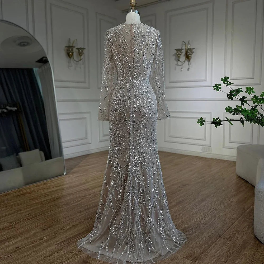 Luxus Dubai Weiß Nude Meerjungfrau Abendkleider Langarm LA72634