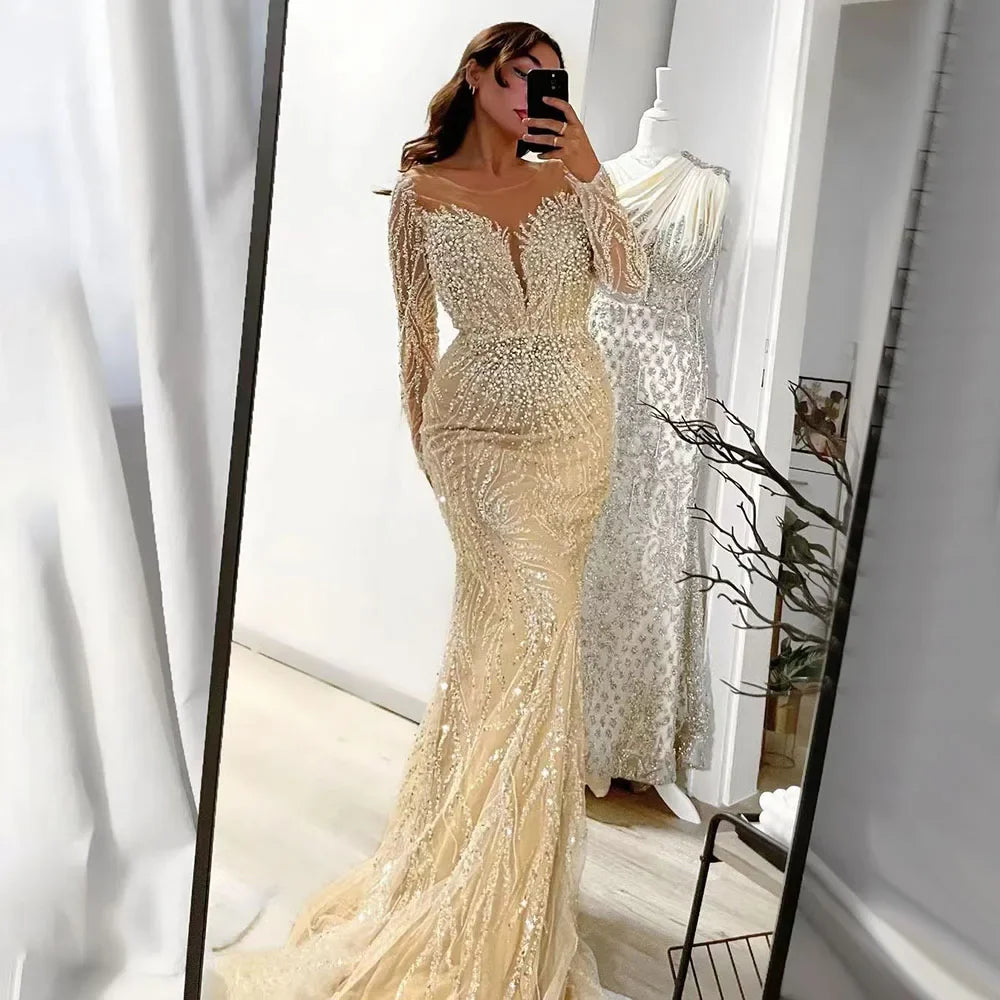 Luxury Dubai White Nude Mermaid Evening Dresses Long Sleeve LA72634