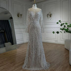 Luxury Dubai White Nude Mermaid Evening Dresses Long Sleeve LA72634