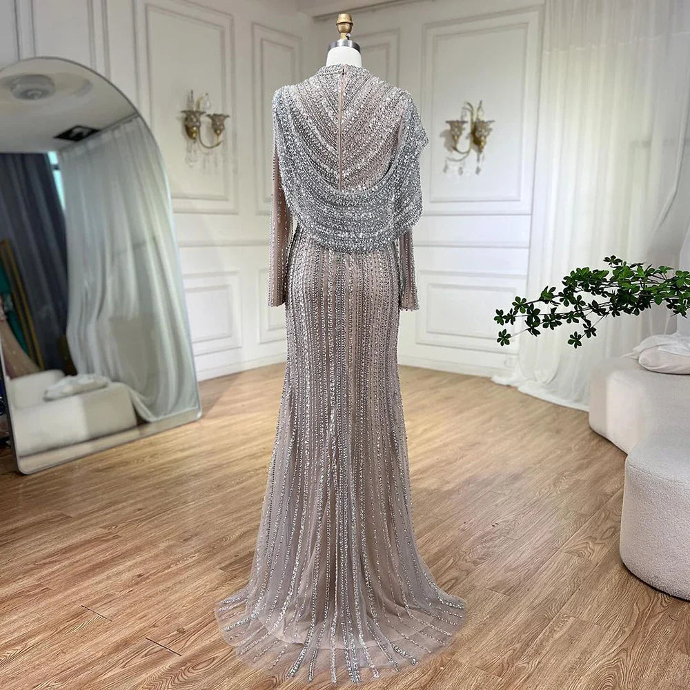 Vestido de noche musulmán de sirena de lujo con cuentas color nude y plateado LA70752H