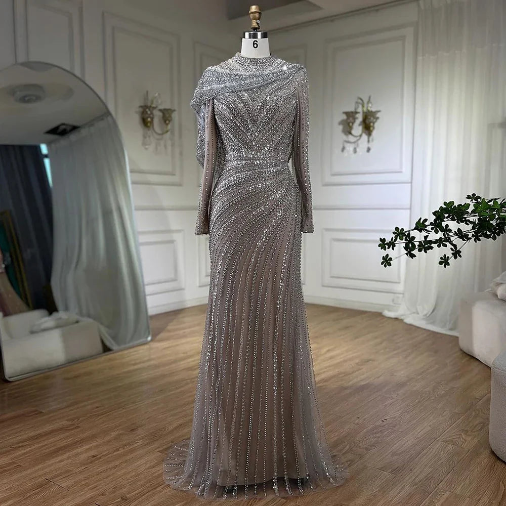 Vestido de noche musulmán de sirena de lujo con cuentas color nude y plateado LA70752H