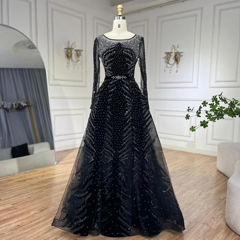 2025 Muslim Velvet Fabric Mermaid Luxury Blue Evening Dresses Dress With Skirt Formal Dress Plus Size LA60914