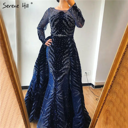 2025 Muslim Velvet Fabric Mermaid Luxury Blue Evening Dresses Dress With Skirt Formal Dress Plus Size LA60914