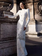 Vestidos de noche musulmanes de lujo con cristales blancos y mangas largas LA72719