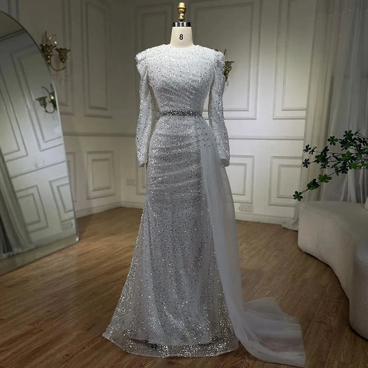 2025 Muslim White With Overskirt Elegant Mermaid Beaded Dresses Evening Dresses Gowns for Women Wedding Party LA72346