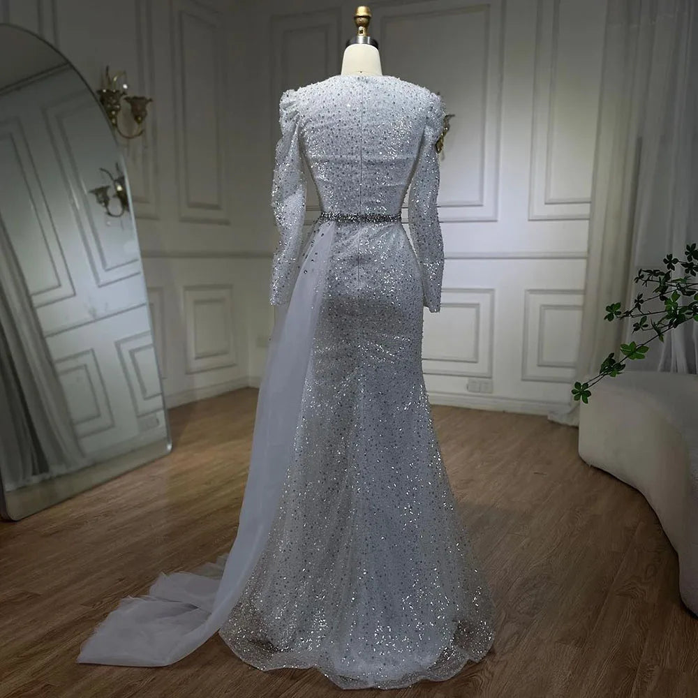 2025 Muslim White With Overskirt Elegant Mermaid Beaded Dresses Evening Dresses Gowns for Women Wedding Party LA72346