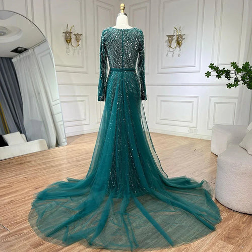 2025 muslimische Frauen Hochzeit Party Dubai Kleider grün Überrock Luxus Perlen Meerjungfrau Lange Abendkleider LA72032D 