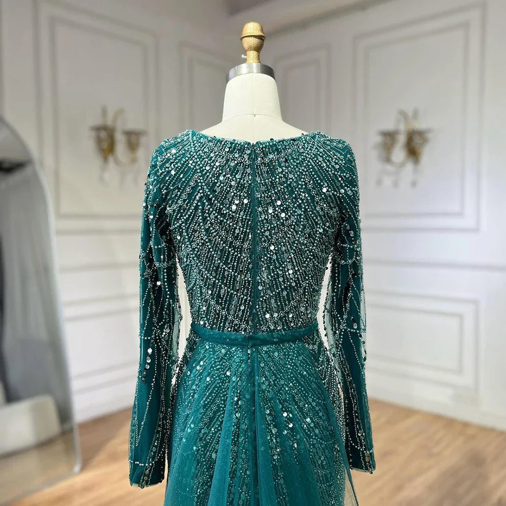 2025 Muslim Women Wedding Party Dubai Gowns green Overskirt Luxury Beaded Mermaid Long Evening Dresses LA72032D