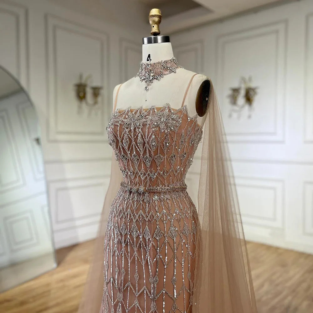 2025 Nude Beaded Spaghetti Strap Design Mermaid Evening Dresses Gowns with Long Cape for Formal Occasion LA72711