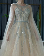 2025 Nude Blue Elegant A-Line Beaded Long Arabic Evening Dresses Gowns with Cape Sleeves for Formal Occasion LA72785