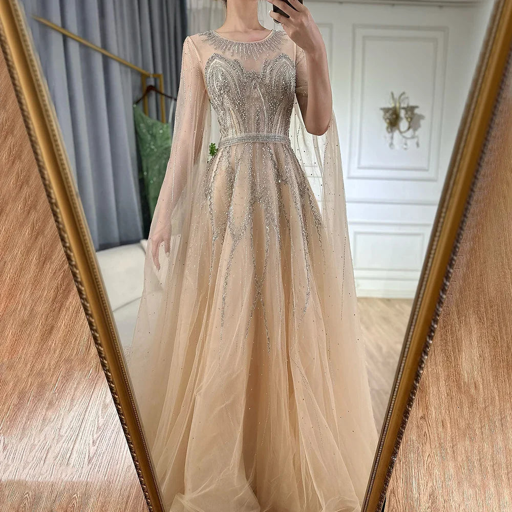 2025 Nude Blue Elegant A-Line Beaded Long Arabic Evening Dresses Gowns with Cape Sleeves for Formal Occasion LA72785