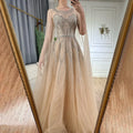 2025 Nude Blue Elegant A-Line Beaded Long Arabic Evening Dresses Gowns with Cape Sleeves for Formal Occasion LA72785