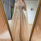 2025 Nude Blue Elegant A-Line Beaded Long Arabic Evening Dresses Gowns with Cape Sleeves for Formal Occasion LA72785