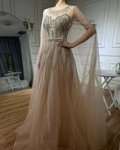 2025 Nude Blue Elegant A-Line Beaded Long Arabic Evening Dresses Gowns with Cape Sleeves for Formal Occasion LA72785
