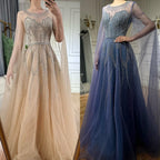 2025 Nude Blue Elegant A-Line Beaded Long Arabic Evening Dresses Gowns with Cape Sleeves for Formal Occasion LA72785