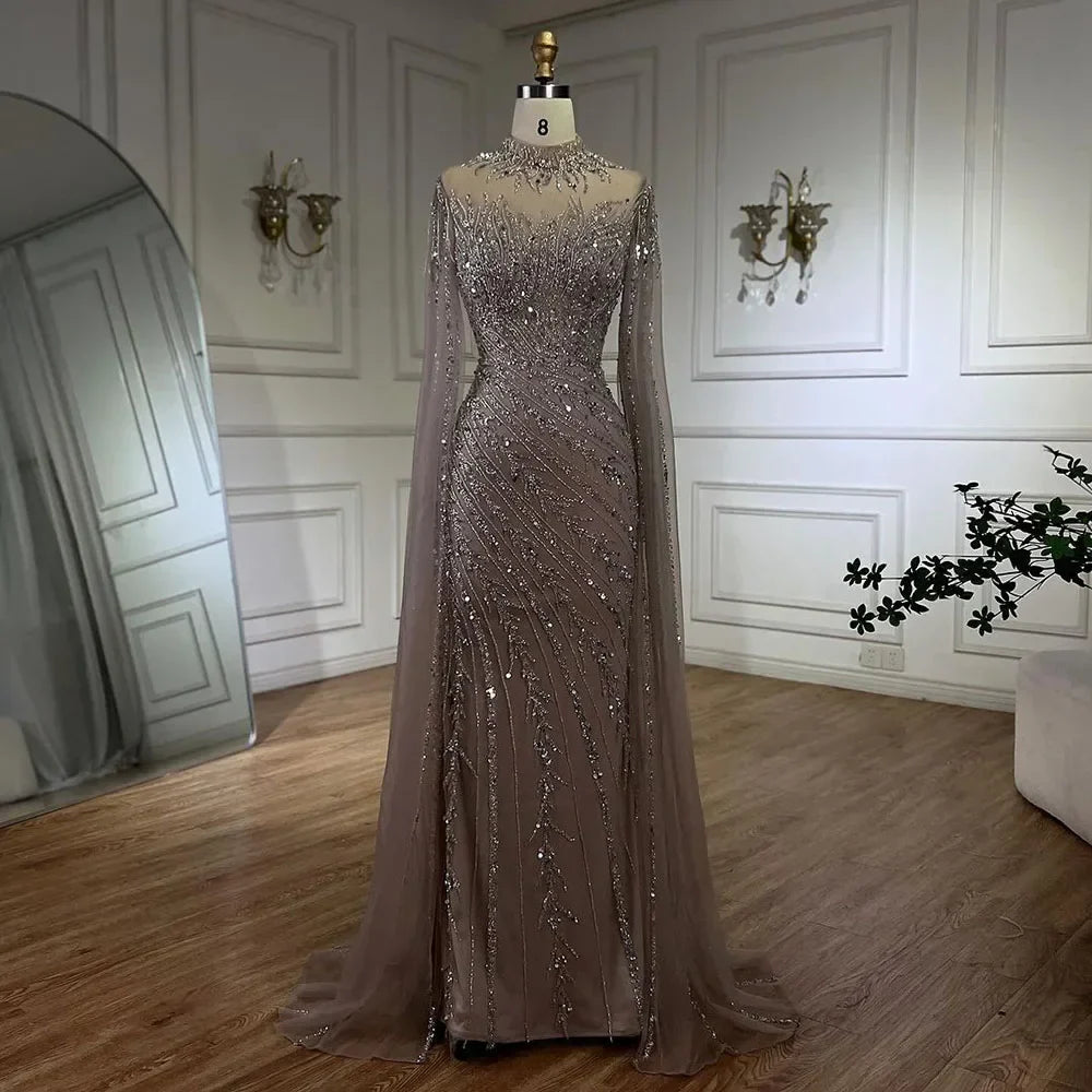 Luxuriöses Abendkleid im Meerjungfrauen-Stil in Schwarz mit Cape-Ärmeln LA71885A 