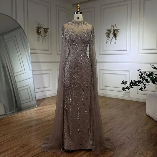 Luxuriöses Abendkleid im Meerjungfrauen-Stil in Schwarz mit Cape-Ärmeln LA71885A 