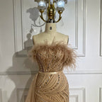 2025 Nude Mermaid Gown Strapless Overskirt Feather Beading High Split Evening Dress for Women Parties LA72311