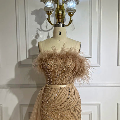 2025 Nude Mermaid Gown Strapless Overskirt Feather Beading High Split Evening Dress for Women Parties LA72311