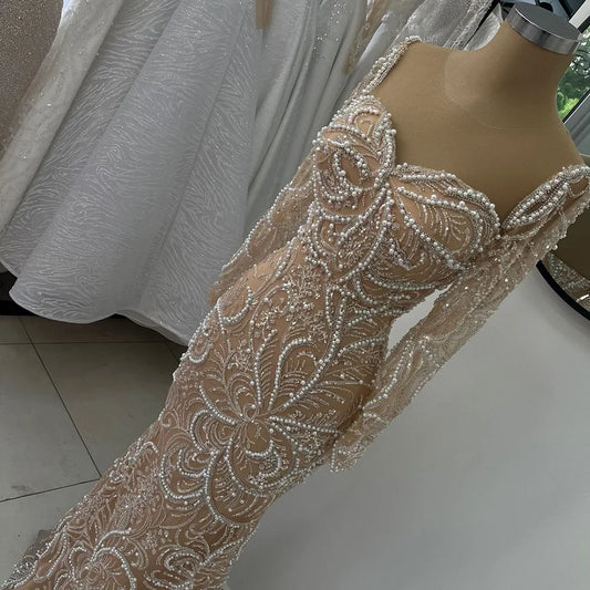 2025 Nude Mermaid Luxury Pearls Beaded Arabic Evening Gowns for Formal Occasion Dress LA72648