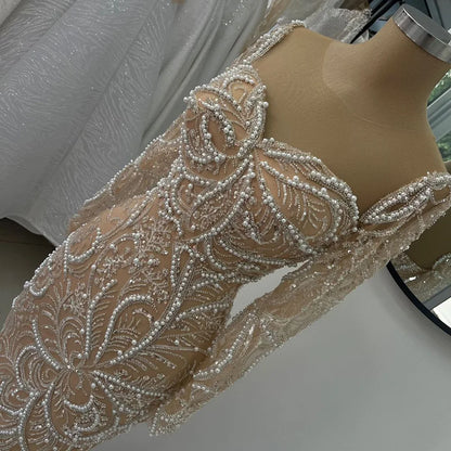 2025 Nude Mermaid Luxury Pearls Beaded Arabic Evening Gowns for Formal Occasion Dress LA72648