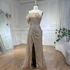 2025 Nude One Shoulder Split Beaded Dubai Luxury Mermaid Evening Dresses Gowns for Women Wedding Party LA72385