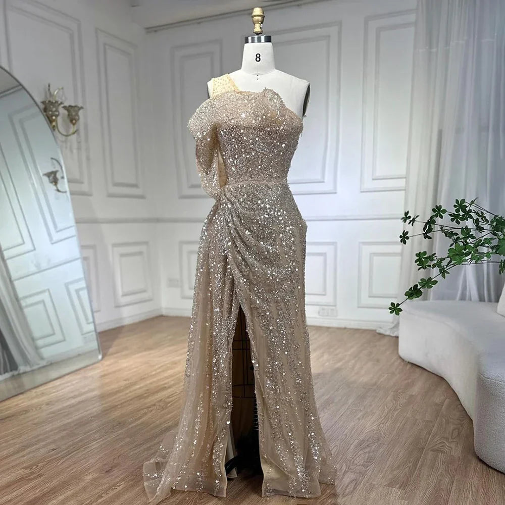 2025 Nude One Shoulder Split Beaded Dubai Luxury Mermaid Evening Dresses Gowns for Women Wedding Party LA72385