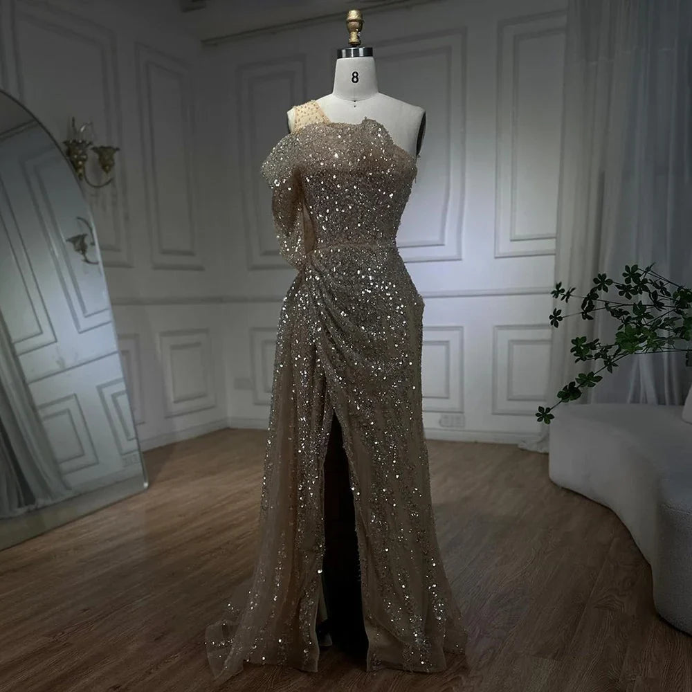 2025 Nude One Shoulder Split Beaded Dubai Luxury Mermaid Evening Dresses Gowns for Women Wedding Party LA72385