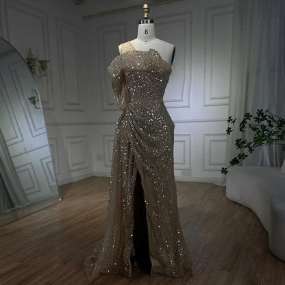2025 Nude One Shoulder Split Beaded Dubai Luxury Mermaid Evening Dresses Gowns for Women Wedding Party LA72385