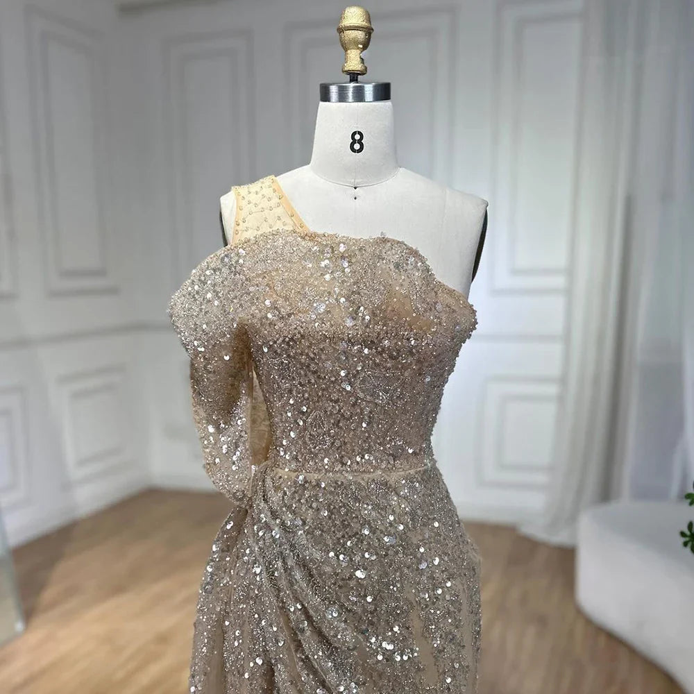 2025 Nude One Shoulder Split Beaded Dubai Luxury Mermaid Evening Dresses Gowns for Women Wedding Party LA72385