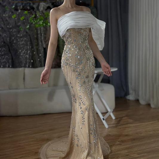 2025 Nude One Shoulder Split Saudi Arabic Evening Gown Beaded Dress for Formal Occasion LA72746